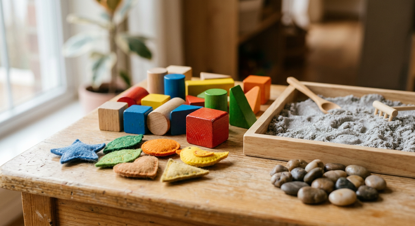 Wooden blocks, felt shapes and sensory play materials arranged on a light timber table
